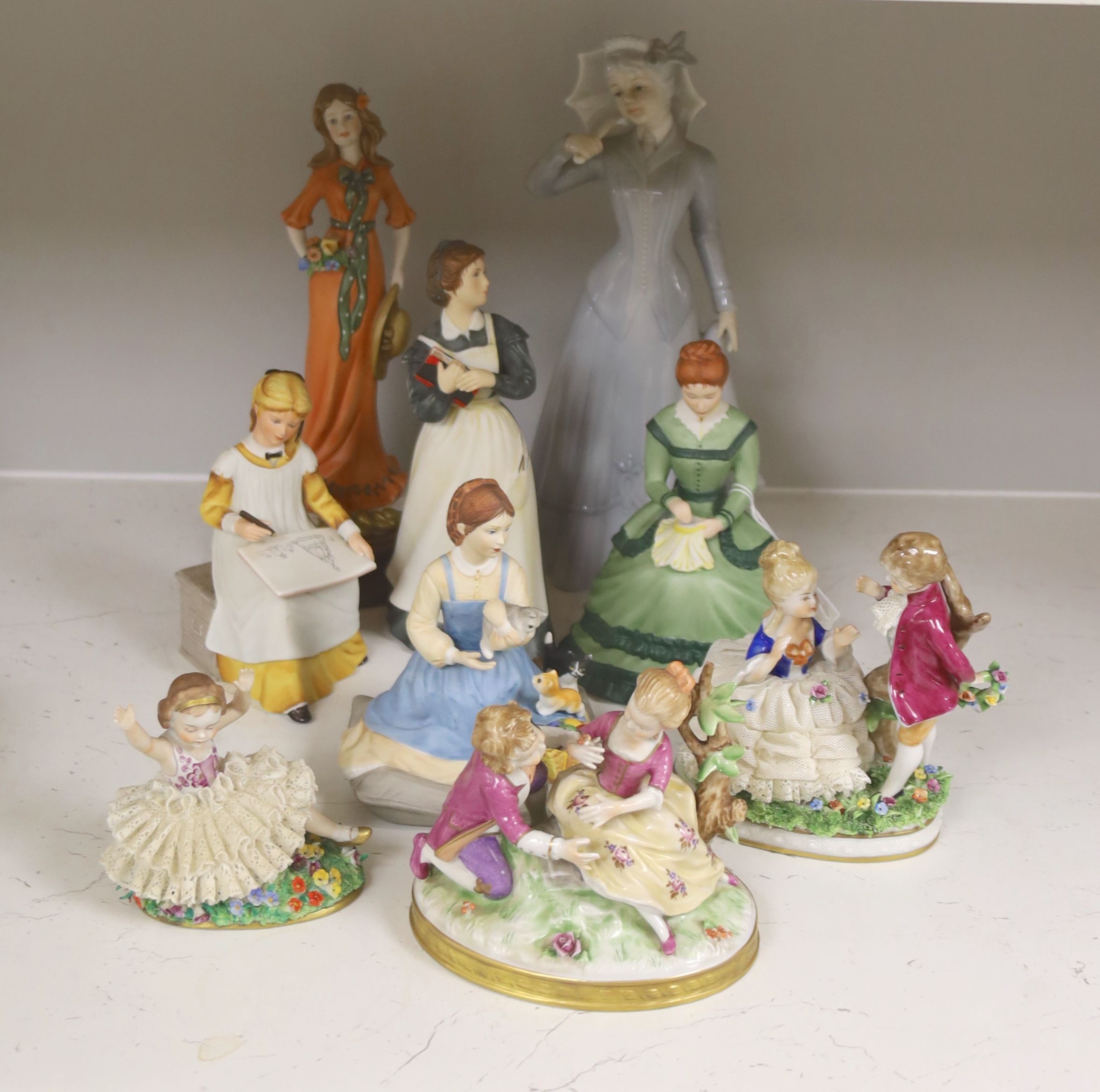 A German porcelain group of two children by a tree stump, on rocky base, two 'crinoline' figures and six other porcelain groups